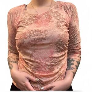 Y2k fairy cottagecore pink & orange ruched mesh 3/4 sleeve top Axcess size M
